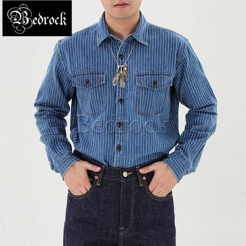 MBBCAR striped cargo shirt 8.5oz weave ordered rope dyeing striped wide fabric indigo retro washed Amekaji slim shirt men 9187