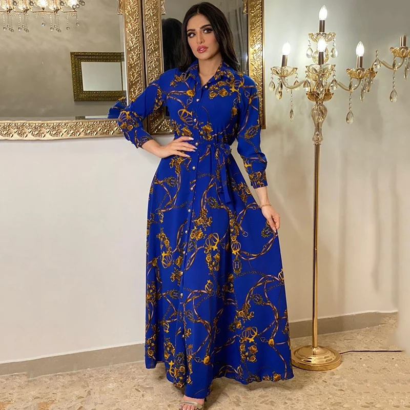 Long Dresses For Muslim Women 2022 Print Turn-down Collar Button Moroccan Arabic Islamic Dubai Ramadan Eid Mubarak Dress Abaya