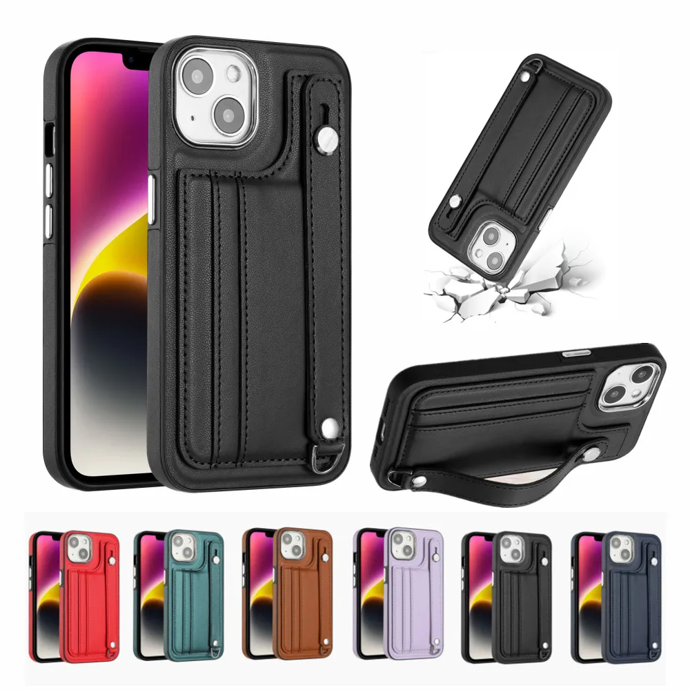

Leather Card Slot Wrist Strap Phone Case for iPhone 14 13 12 11 Pro Max SE2 XR XS 7 8 Plus Luruxy Business Shockproof Back Cover