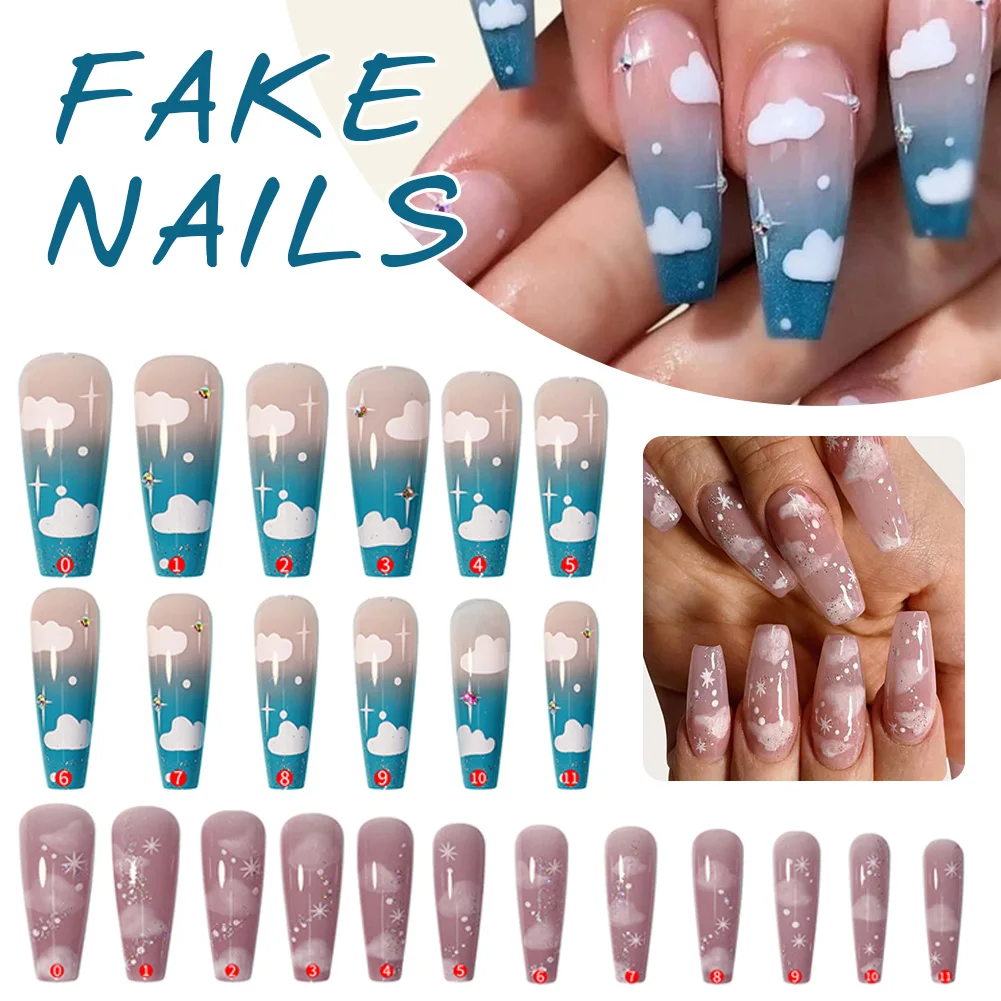 

24pcs Press On Nails Long Coffin Fake Nails Wearable False Nail Tips Manicure With Stickers Nail Art For Women