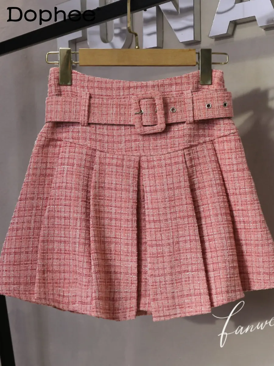 

Preppy Style Pink Tweed Pleated Skirt Shorts Women 2022 New Autumn Winter Faldas High Waist Slimming A- Line Woolen Mini Skirt