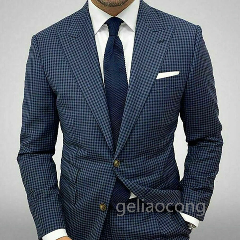 Mens Wedding Suits Navy Houndstooth Jacket Pants 2 Piece For Business Slim Fit Peak Lapel Prom Party Blazer Costume Homme