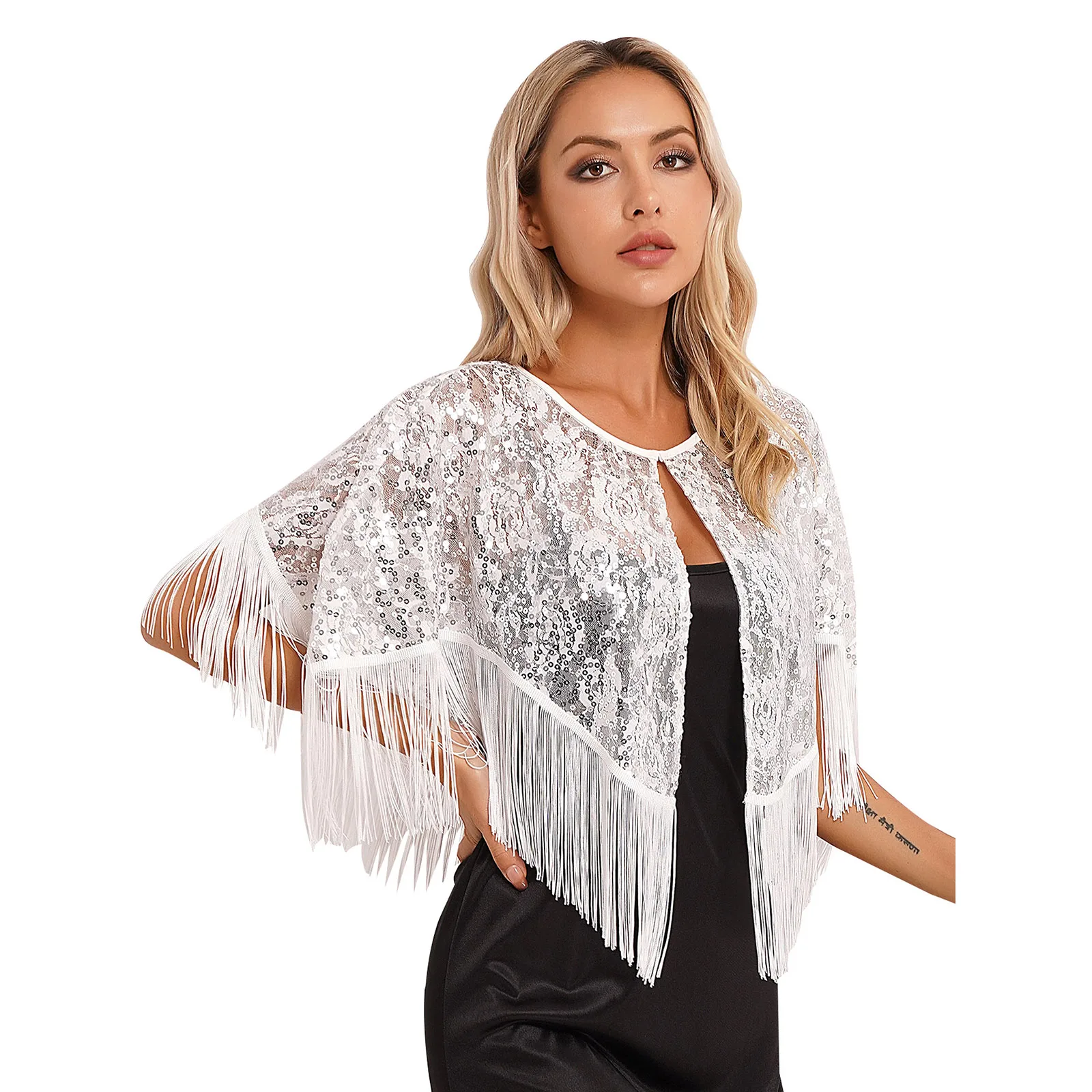 

Womens Evening Cover Up Sequin Fringed Cardigan Tassel Sheer Lace Bolero Shawl Wraps Shrug Cover Ups for Dancing Wedding Party