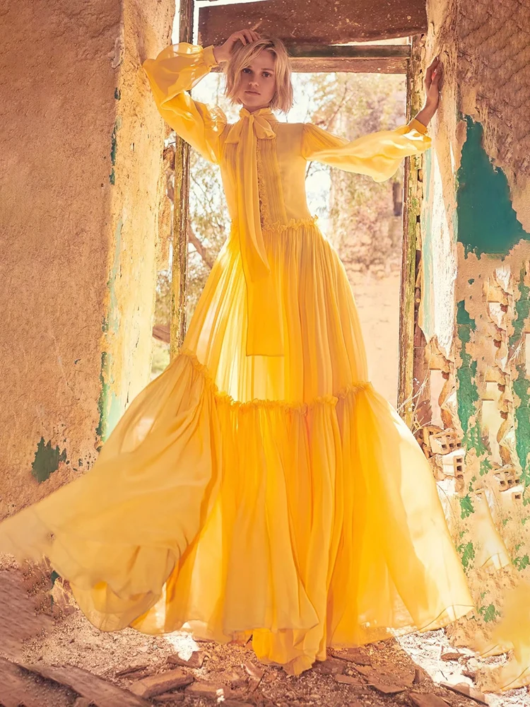 

Svoryxiu2022 Summer Fashion Designer High-End Women's Clothing Elegant Temperament Yellow Chiffon Large Swing Holiday Long Dress