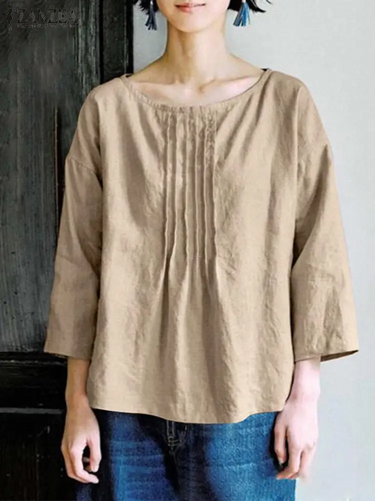 

ZANZEA Women Vintage Loose Pleated Tops Casual Loose Work Shirt Female 3/4 Sleeve Solid Blouse Summer O Neck Cotton Blusas 2023