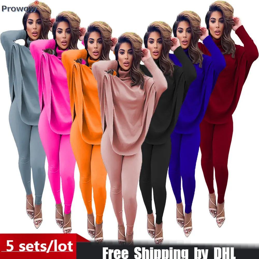 

Bulk Wholesale Women Tracksuits Casual Solid 2 Piece Set Lady Outfit Pants Suit Batwing Sleeve Turtleneck Pullover Trousers 8762