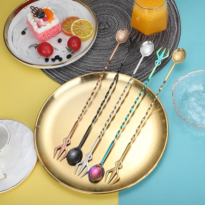 

32cm Long Handle Cocktail Spiral Mixing Spoon Fork Stainless Steel Whisky Stir Rod Bartender Muddlers Cocktail Stirrer Wine Bar