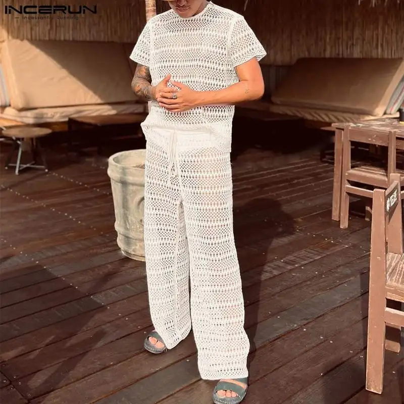 Комплект из двух предметов INCERUN мужской кружевная Прозрачная Футболка с круглым