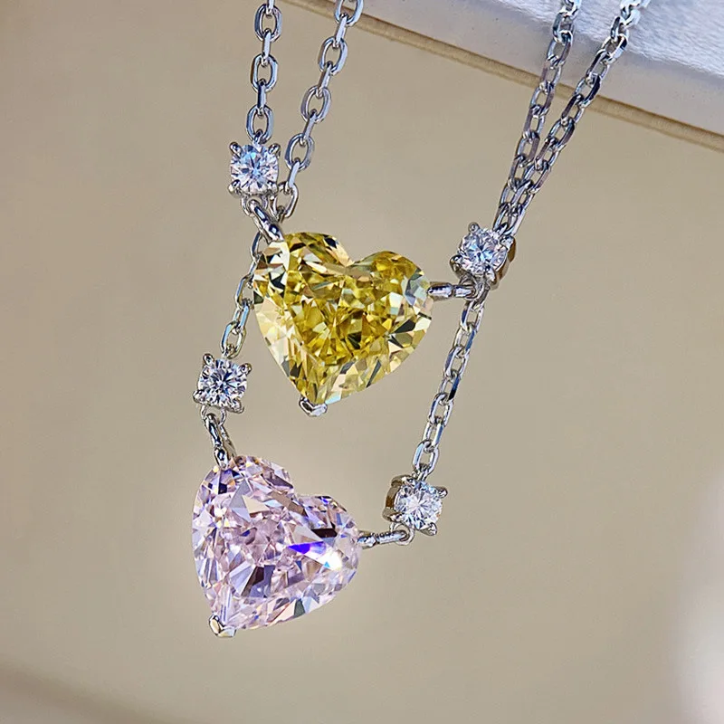 

3 Styles Temperament Princess Pink Heart Crystal Necklace for Women Wedding Engagement Silver Clavicle Necklace Charm Jewelry