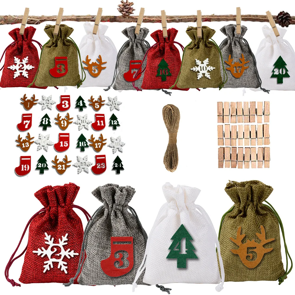 

Christmas Advent Calendar Bags Set 24 Days Burlap Advent Calendar Gift Drawstring Bags With Clips DIY Christmas Embellishments