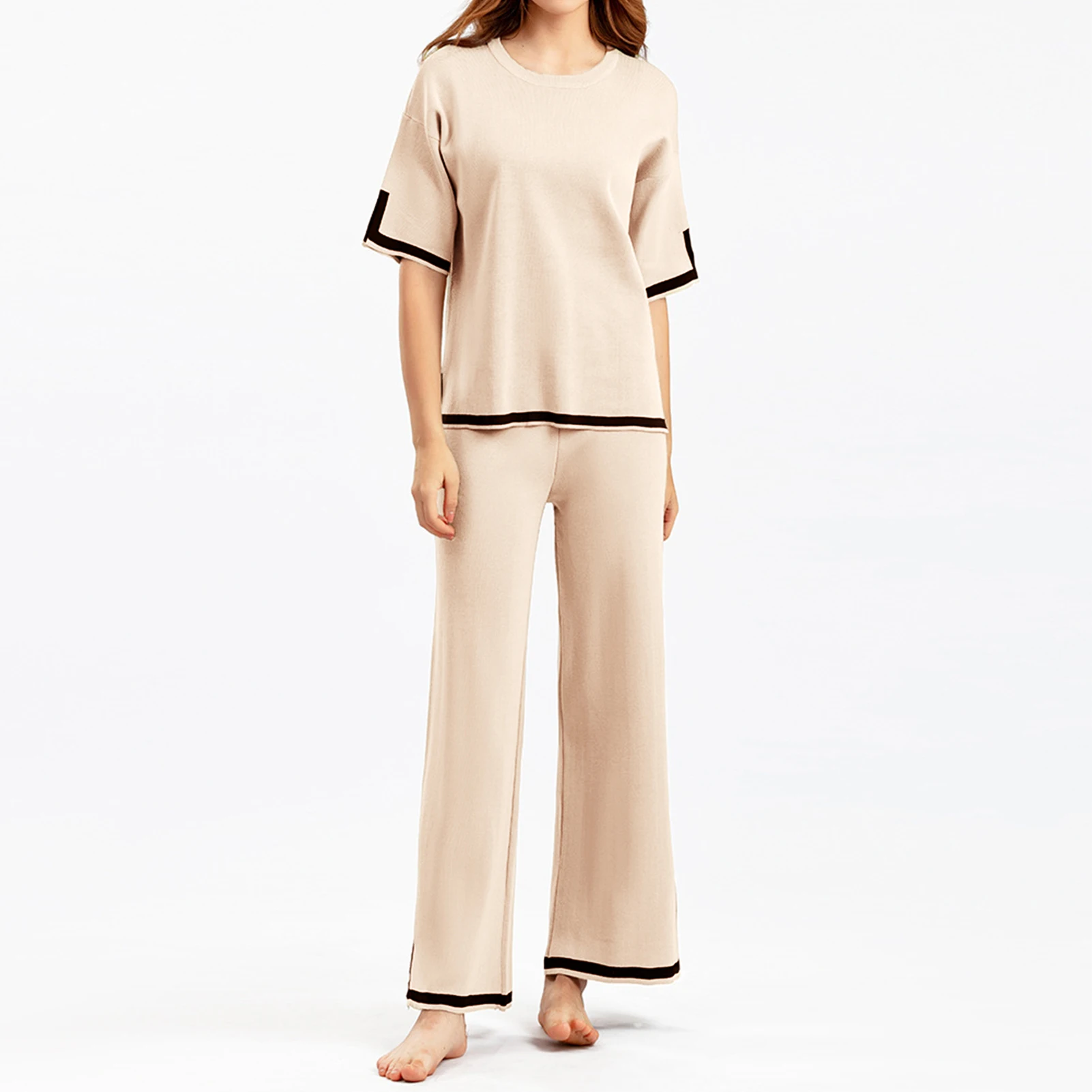 

Women Summer 2 Piece Sets Crew Neck Ladies Casual T Shirt Pants Suits Oversized Loose Fit Solid Color Basic Sleepwear Outfit