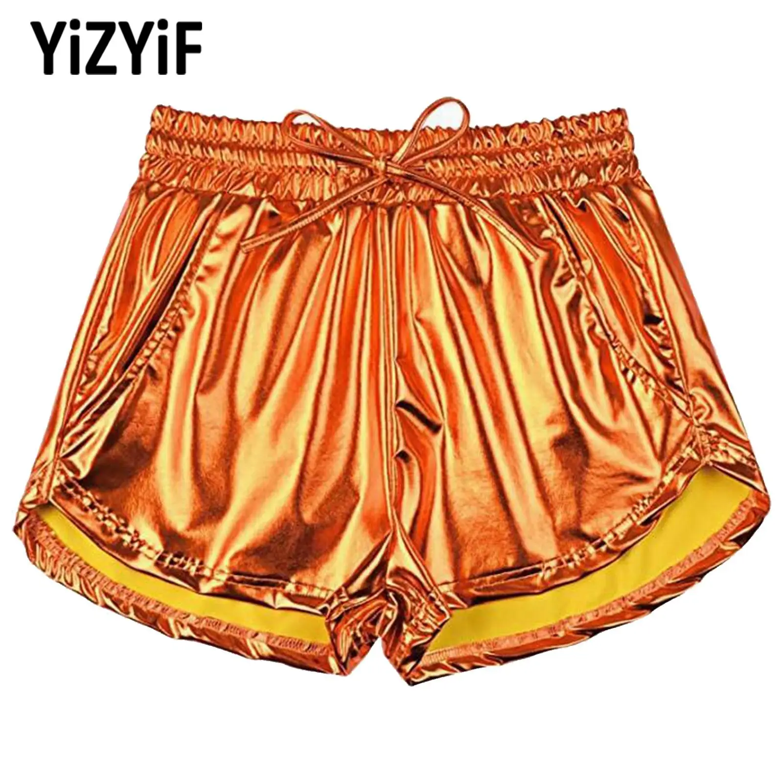 

Girls Women Metallic Shiny Drawstring Shorts Fashion Elastic Waistband Short Pants with Pockets for Yoga Workout Party Club