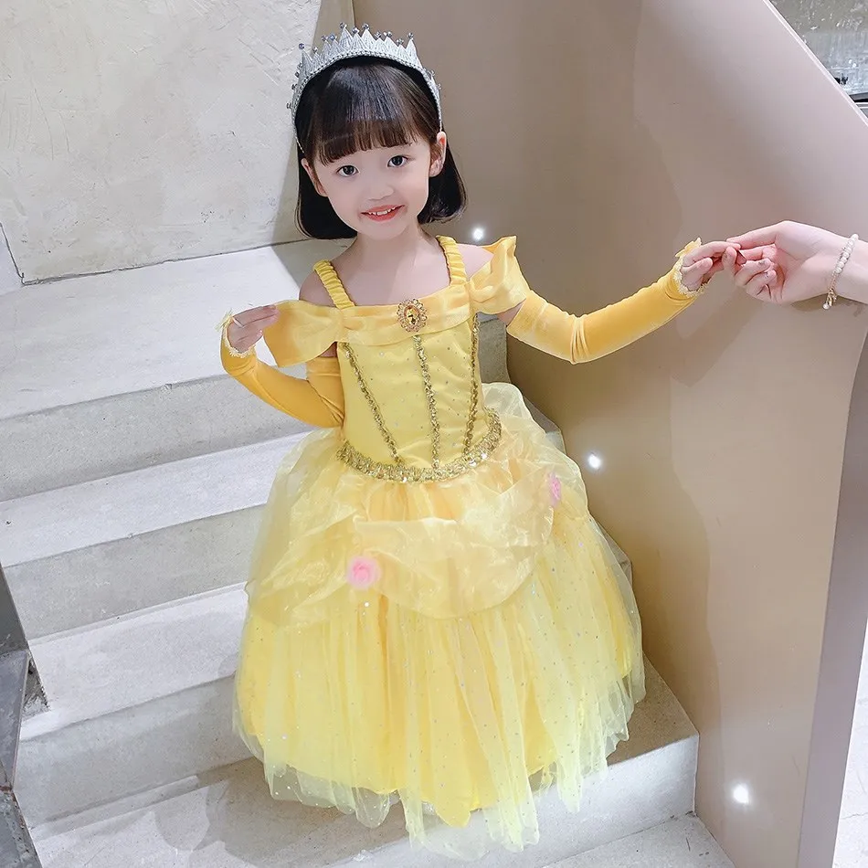 Belle Cosplay For Halloween Princess Dress Girl Dress For Beauty And The Beast Belle Costume Floral Dress Fluffy Skirt Childrean
