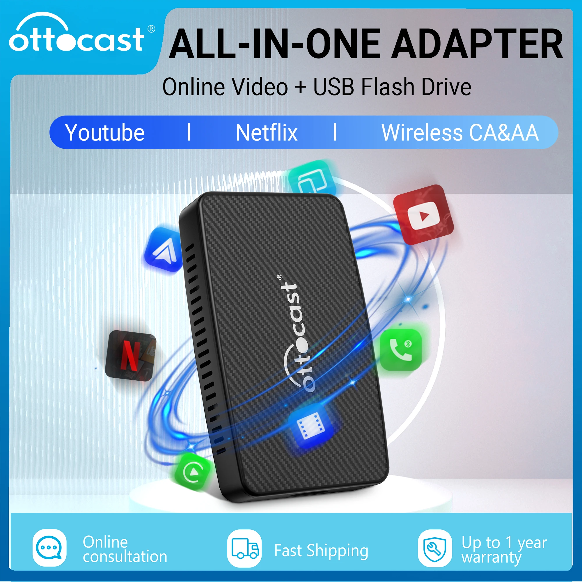 

OTTOCAST Play2Video Wireless Android Auto CarPlay Adapter Built in Youtube Netflix Video Player USB U Disk Car Accessories