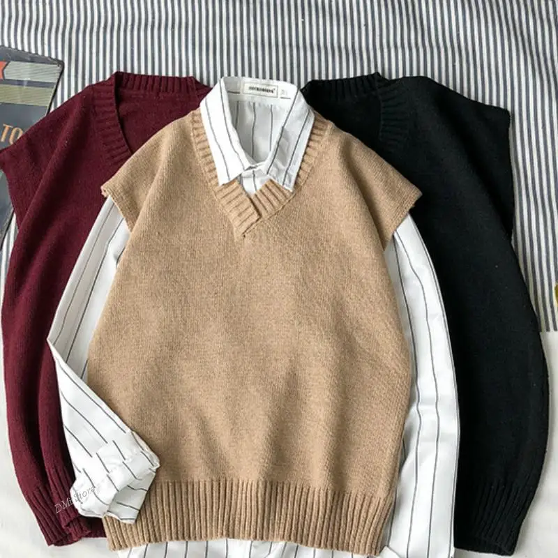 DIMI Mens Vests Solid Simple All-match V-neck Couples Retro Khaki Soft Ulzzang Sweater Vest Men Plus Size Spring Autumn Oversize