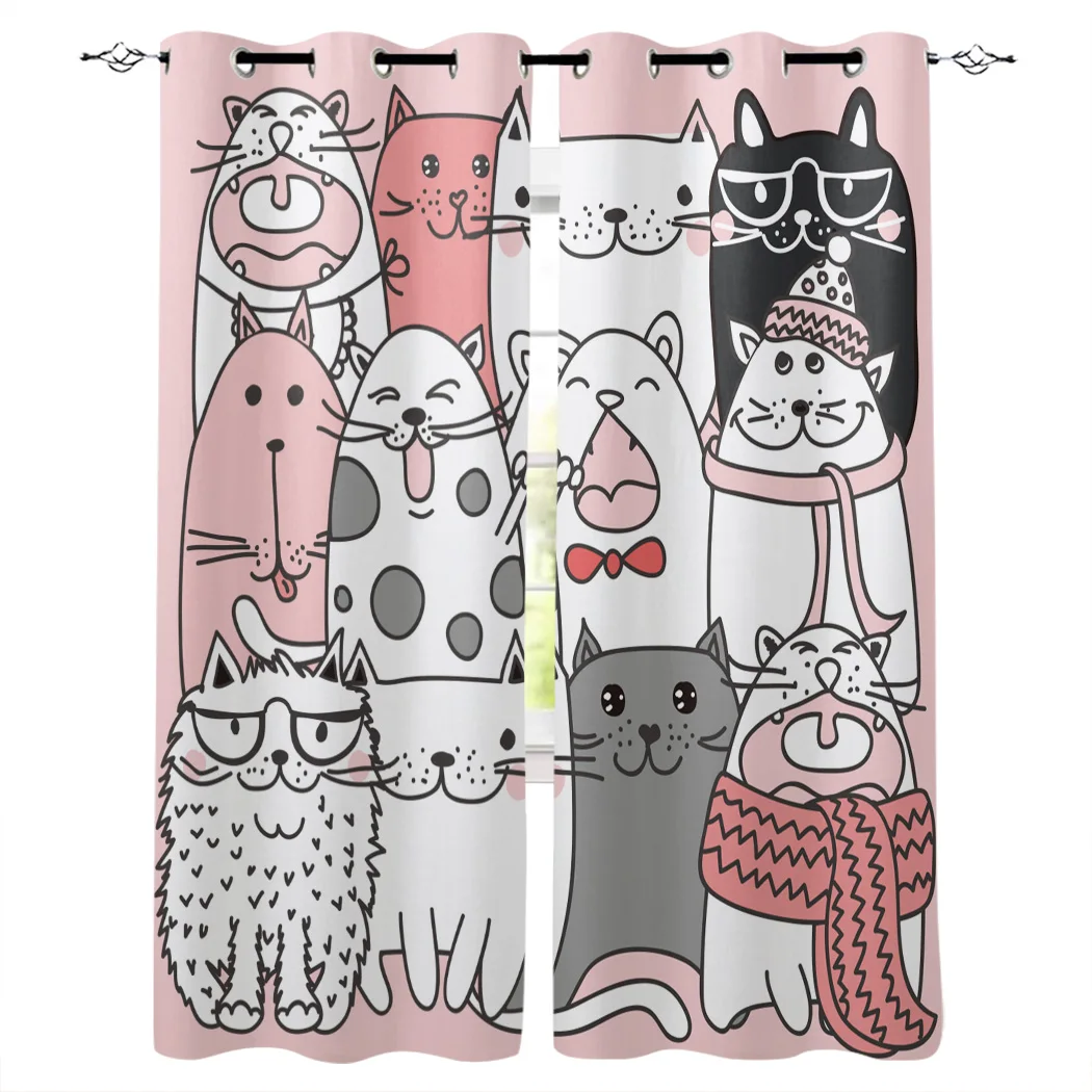 Comic Cat Animal Pink Kawaii Window Curtains for Living Room Kitchen Kids Bedroom Home interior Decoration Curtains