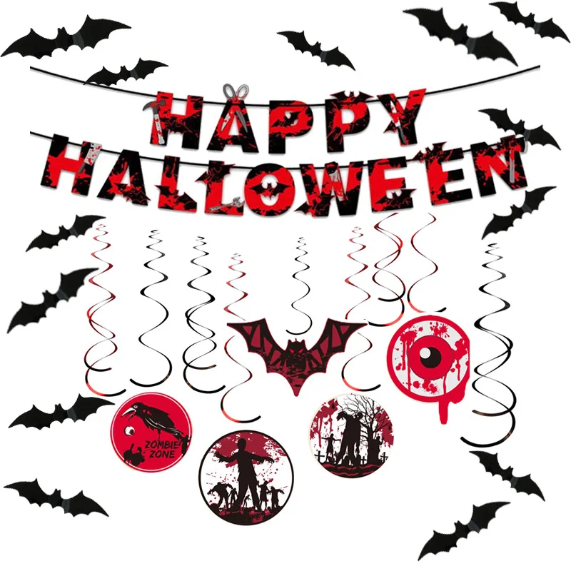 

Halloween Flag Hotel KTV Ghost House Terror Decoration PVC Blood Knife Flower Trick Prop Hanger Banner