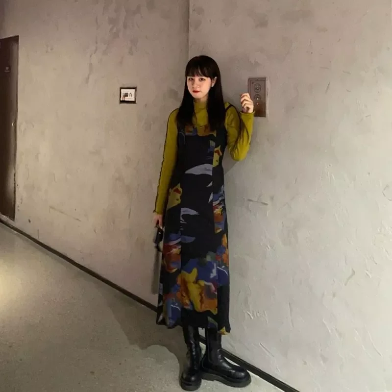 

Harajuku retro oil painting long skirt T-shirt two-piece suit 2021fashion woman Y2k tie-dye printing print suspender dress women