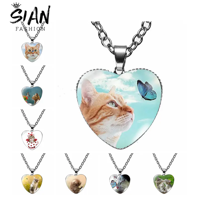 

Fashion Cute Animal Cat Heart Necklace Kawaii Pets Photo Alloy Chain Necklaces Glass Dome Pendants Handmade Jewelry Souvenir