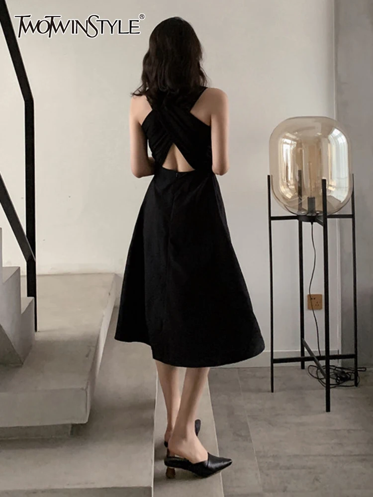 

Женское длинное платье TWOTWIN, элегантное черное платье без рукавов, с круглым вырезом и присборенной талией