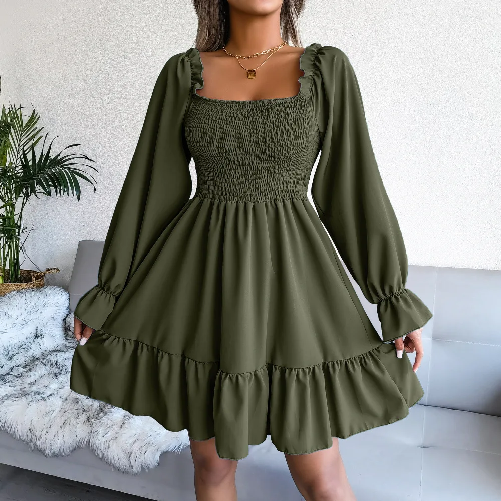 

New Dresses For Autumn Winter New Fashion Chiffon Skirts Long Sleeves Short Skirt Square Neck Flare Long Sleeve Ruffle Hem Dress