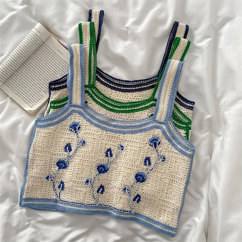 

Boho Retro Crochet Camisole Tanks Women Floral Embroidery Knitted Tank Top Beach Holiday Wear Tee Shirt Femme Dropshipping