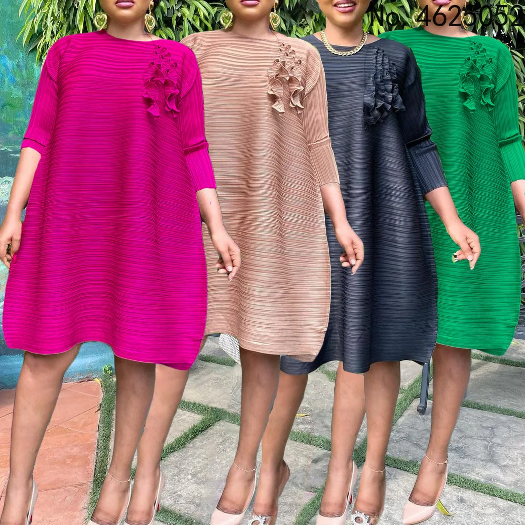 

2022 New S-3XL Women O-Neck Half Sleeve Solid Color Office LadyTall Waist Mid-Calf Length Pleated Dresses
