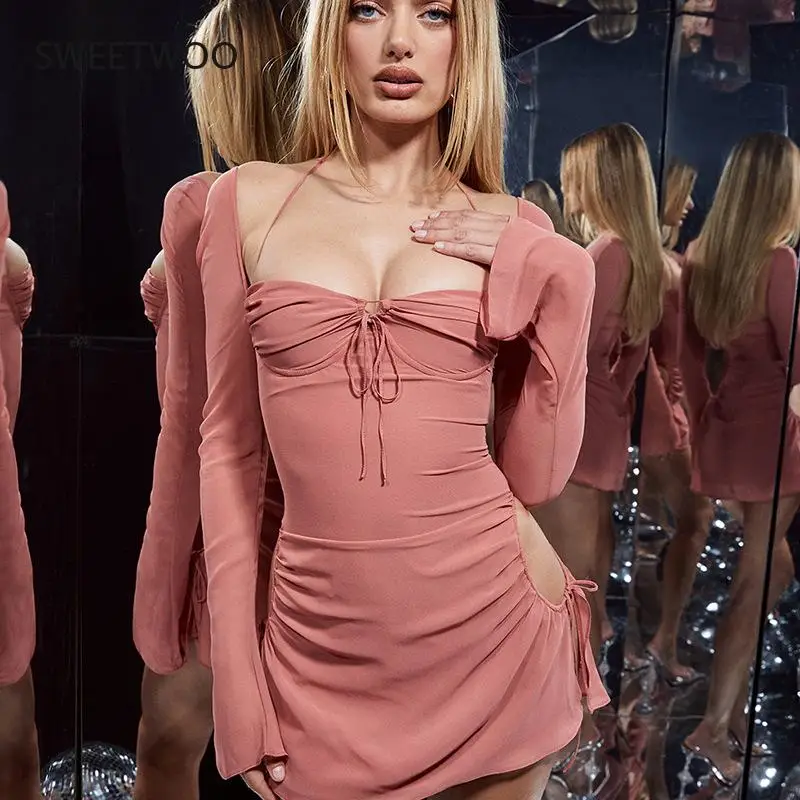

Long Sleeve Mini Dress Women 2022 Spring Autumn Casual Cut Out Ruched Sexy Party Birthday Pink Bandage Dresses