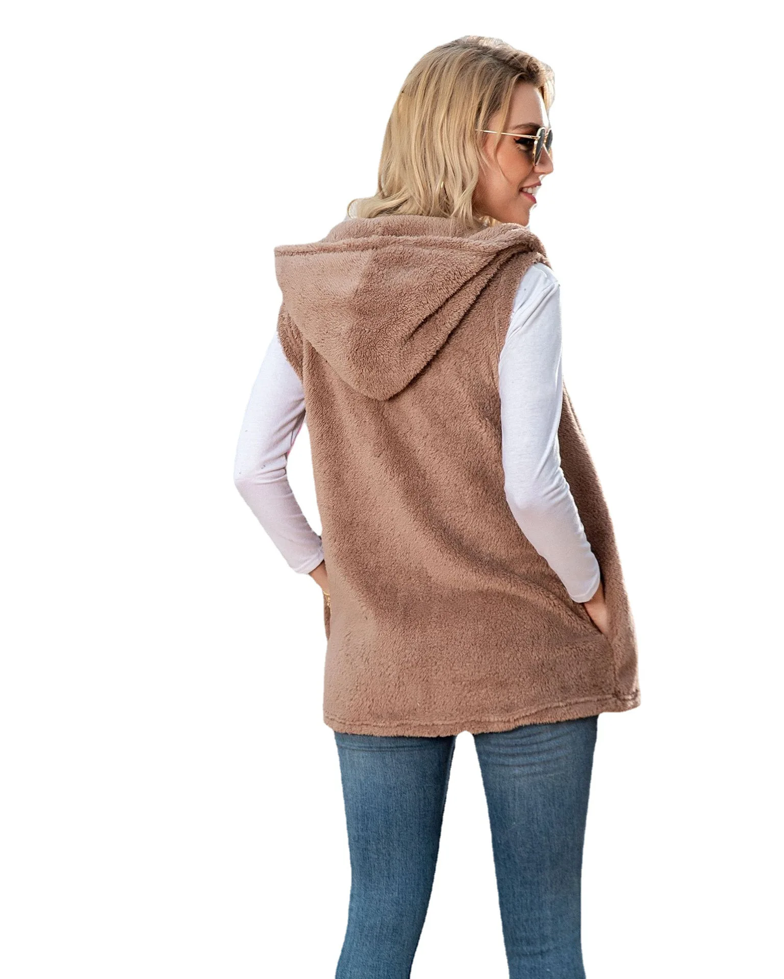 Осенне-зимний новый женский однотонный жилет средней длины с капюшоном плюшевая