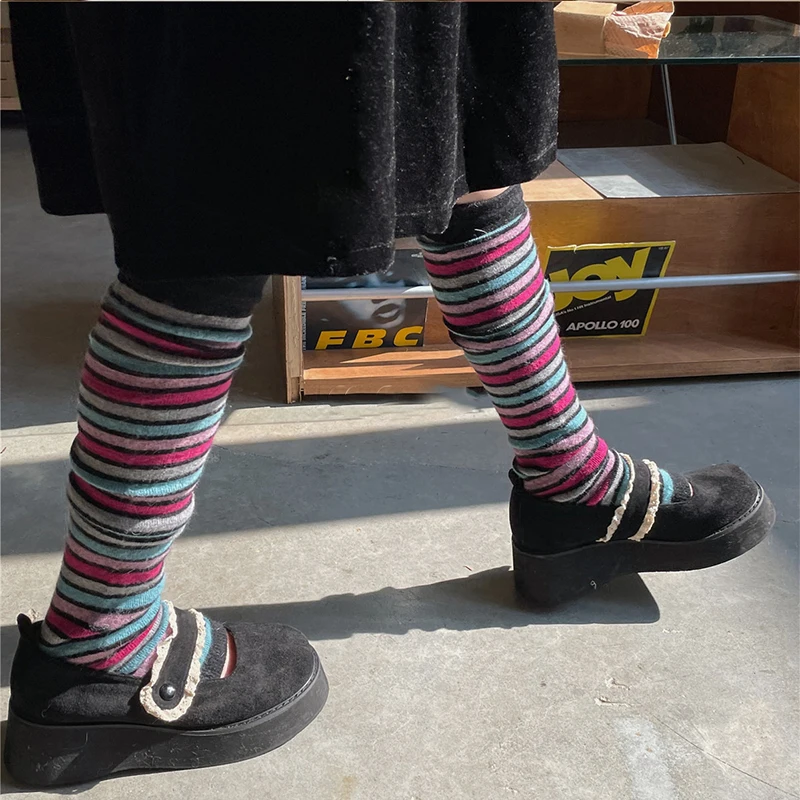 Korean Retro Wool Leg Warmers Socks Over Knee Striped Ethnic Winter Warm Pile Socks Retro Y2K Harajuku Japanese Long Socks
