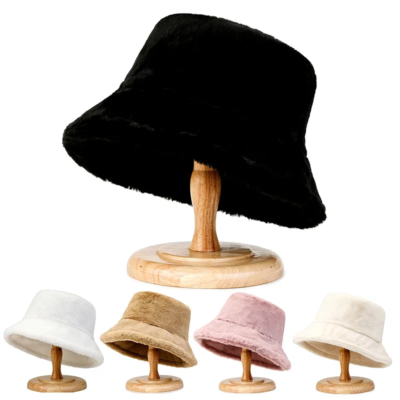 Lamb Faux Fur Fisherman Bucket Hat Winter Warm Thick Bob Outdoor Cap For Women Men Beanie Bonnet Solid Color Korean 2022 New