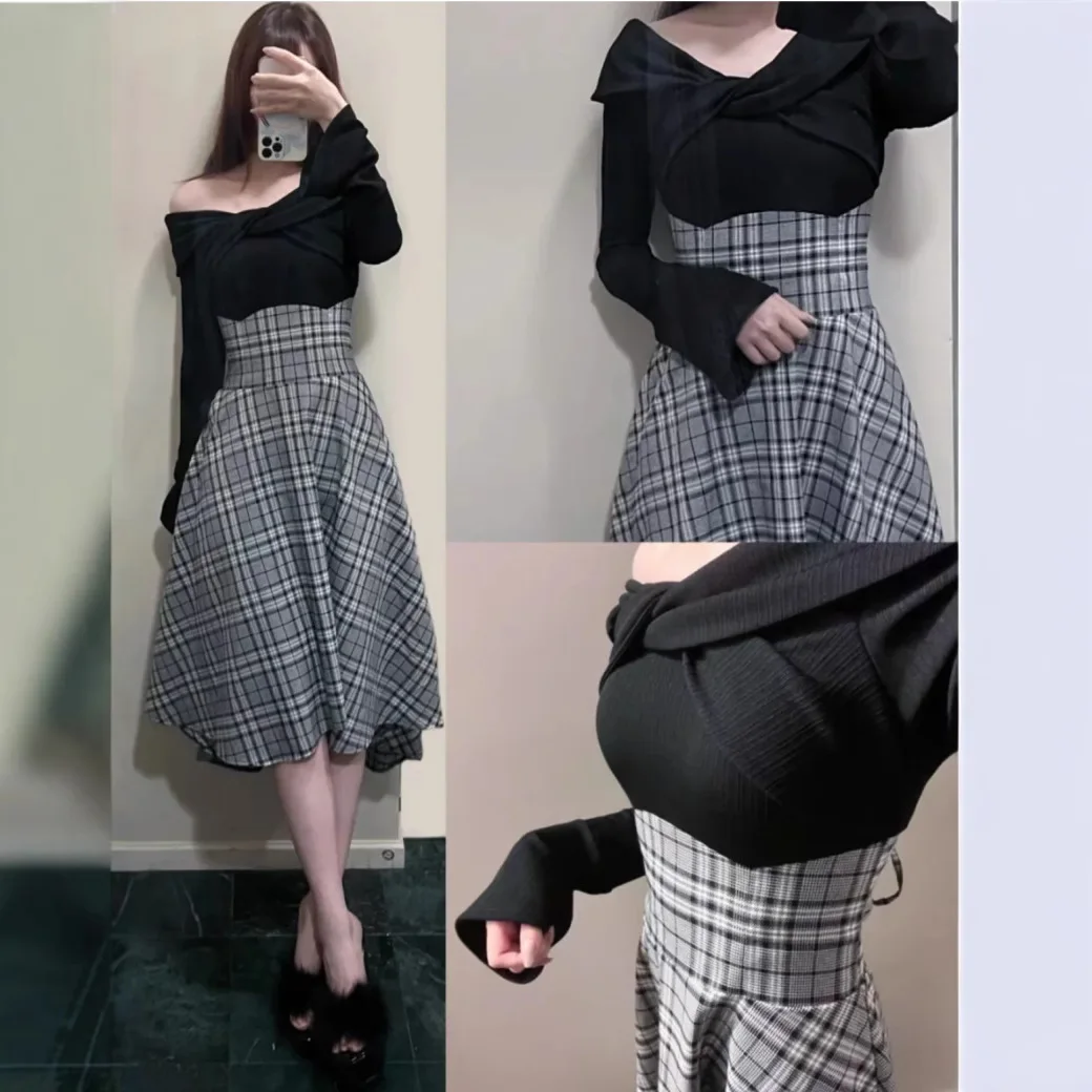 Элегантное клетчатое платье с открытыми плечами и длинными рукавами женское