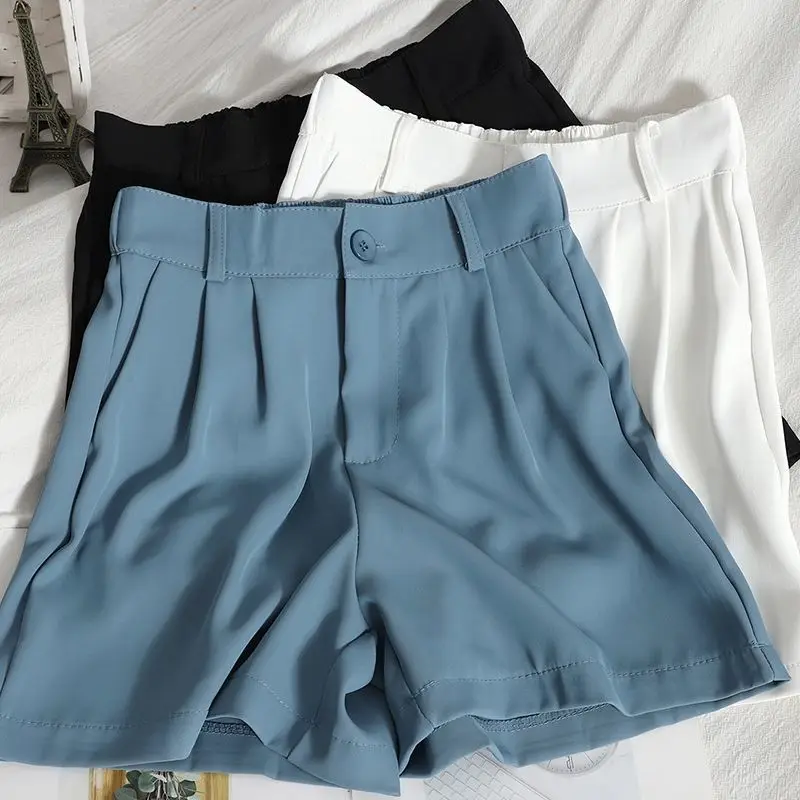 

Women's Summer Shorts 2022 New Casual Fashion High Waist Shorts Blue Solid Color Korean Style Loose Wide Leg Short Pants Women