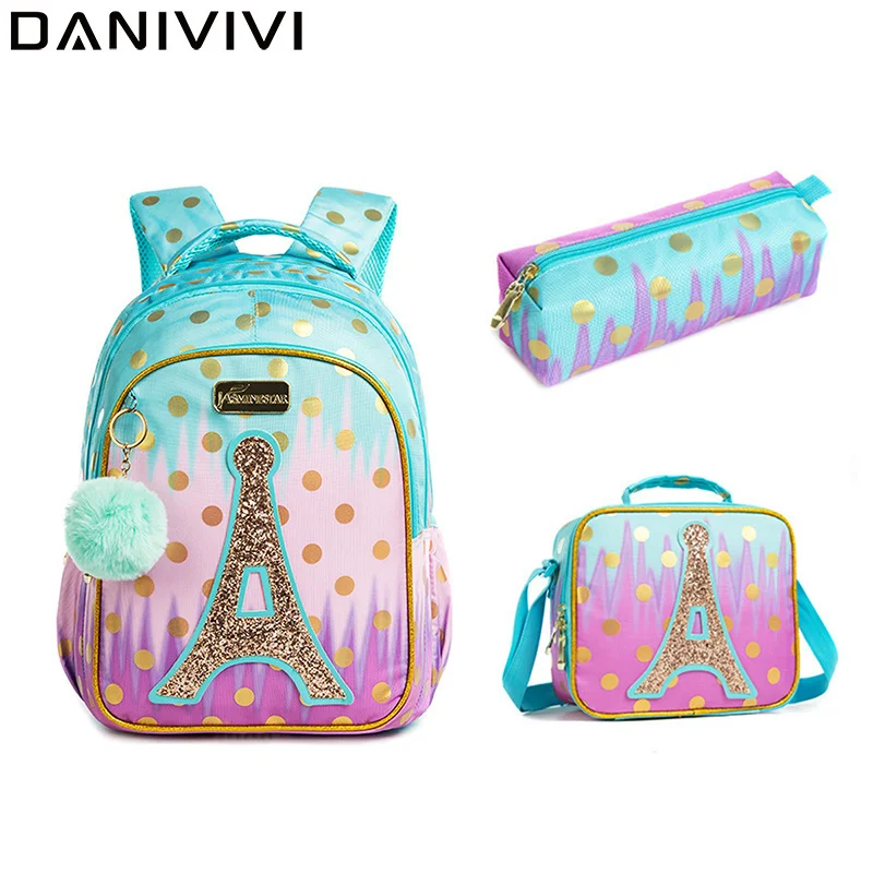 

3 IN 1 School Bags for Girls Backpack for Kids Backpacks for School Teenagers Girls Sequin Tower Kawaii Backpack with Lunch Bag
