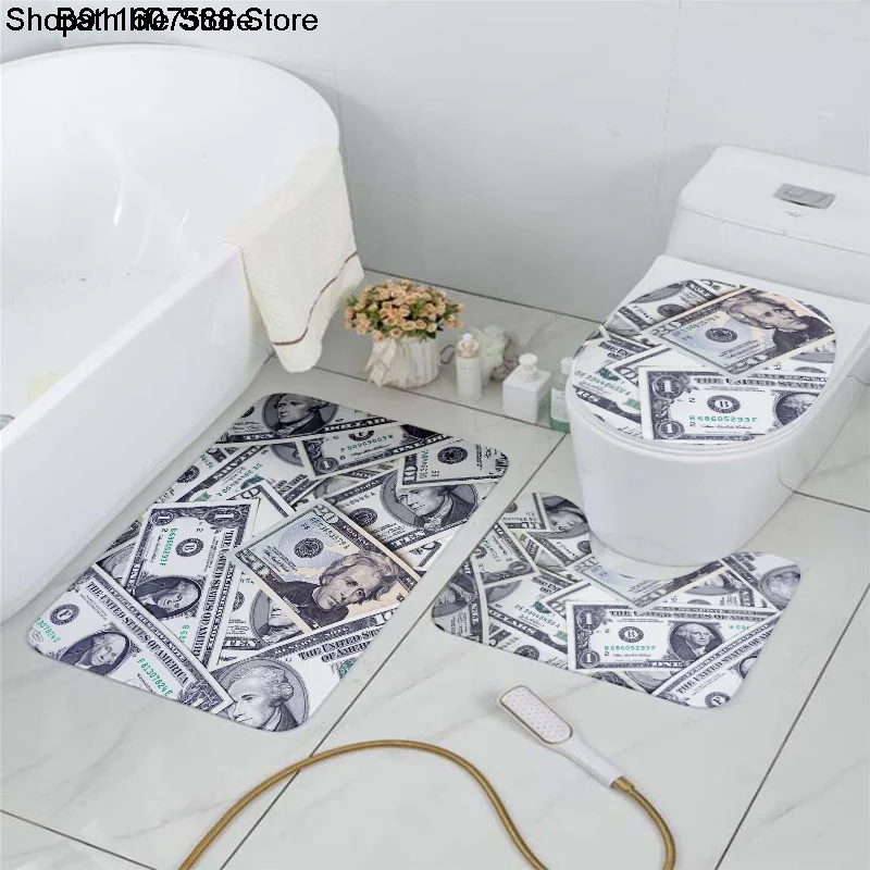 

Design Banknote Paper Dollars Money Toilet Cover Set 3Pcs Anti-Slip Bath Mat Set Fun Shower Decoration Rug Absorbent Carpet