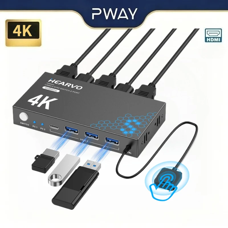 Фото 4K 60Hz USB 3.0 HDMI KVM-переключатель для 1 монитора и 2 ПК, позволяющий совместно использовать клавиатуру, мышь и монитор для ноутбука, настольного компьютера и принтера. №4
