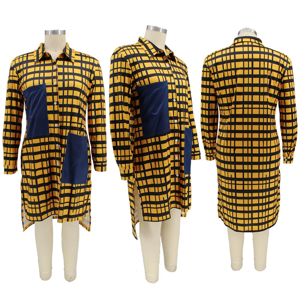 Plus Size New Dresses Women Wholesale Buttons Casual Long Sleeve Loose Office Lady Plaid Shirt Midi Dres 3xl 4xl 5xl 6xl