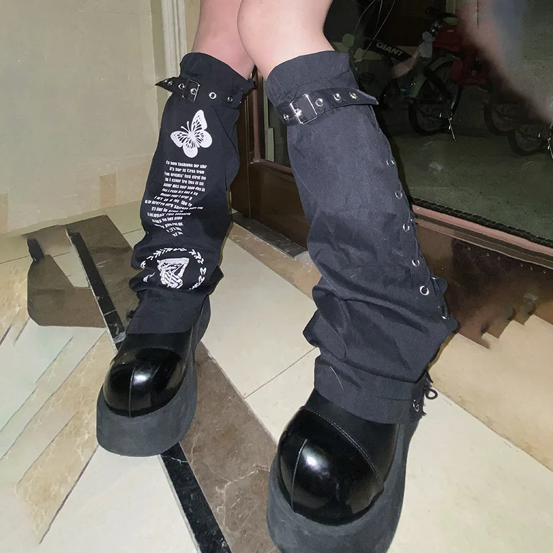 2022 Fashion Women Goth Long Sock Gothic Style One Side Buckle Printing Patchwork Slim Gothic Style Ladies Long Socks For Autumn