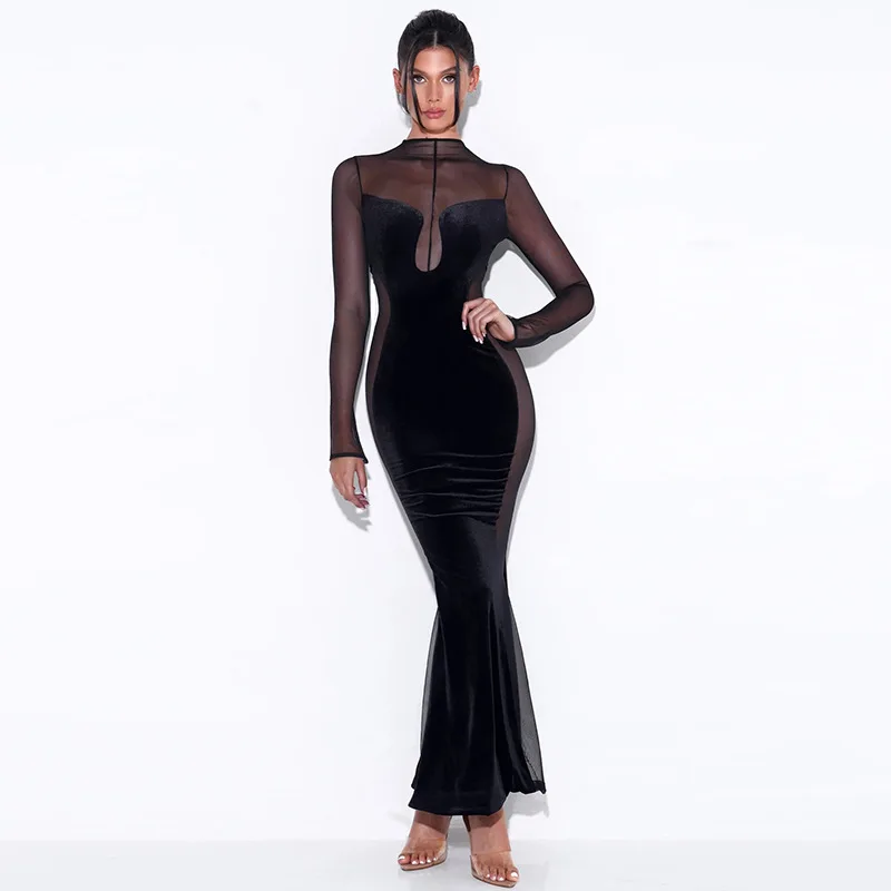 Women'S Sexy Hollow Perspective Dress Long Sleeve Round Neck Backless Party Dress