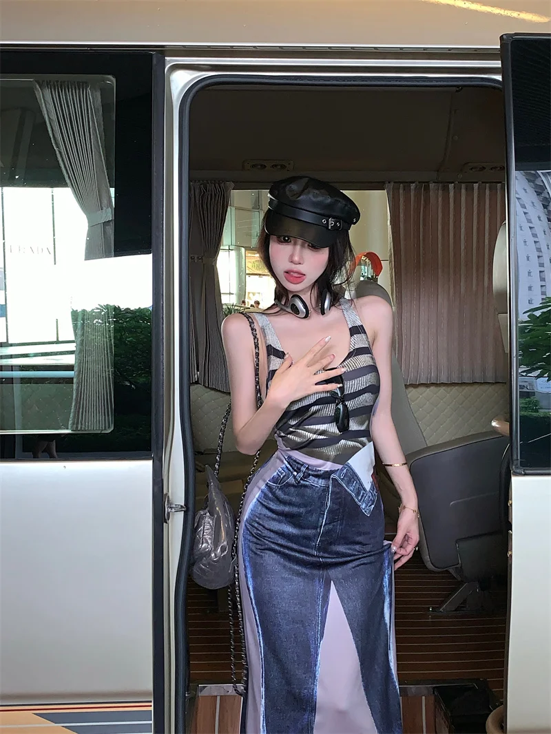 

GBG4052 острые полосатые платья на бретельках для девушек 2023 новый дизайн в гонконгском стиле тонкая и длинная юбка