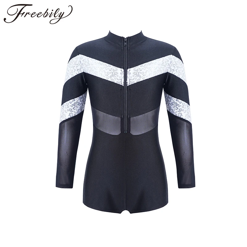 

Kids Girls Long Sleeve Ballet Bodysuit Round Neck Zipper Sparkling Sequins Decor Leotards for Dance Gymnastics Training 4-14Y