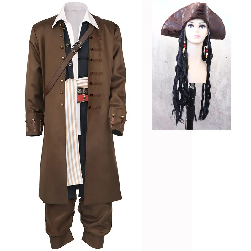

Movie Pirates of the Caribbean Cosplay Costume Hat Captain Jack Sparrow COS Full Set Halloween Party Performance Wear for Men