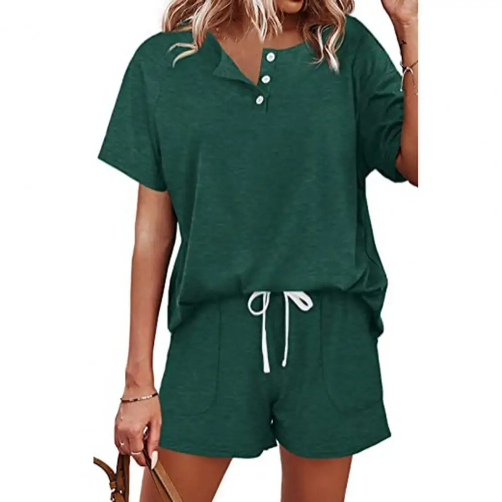 

2Pcs/Set Short Sets Women 2022 Short Sleeve Drawstring Side Pockets Women Outfit Button Down Top Shorts Set Running Set