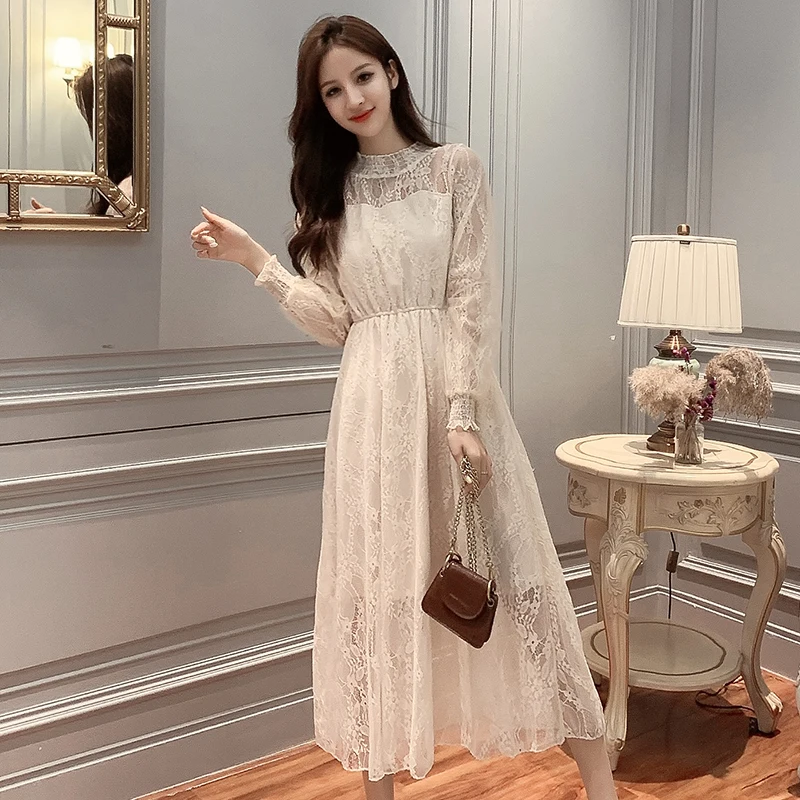 

New 2019 Spring Women dress Flare Sleeve Patchwork Mesh Turtleneck Half A High-end French Lace Dresses Blue Apricot 9086