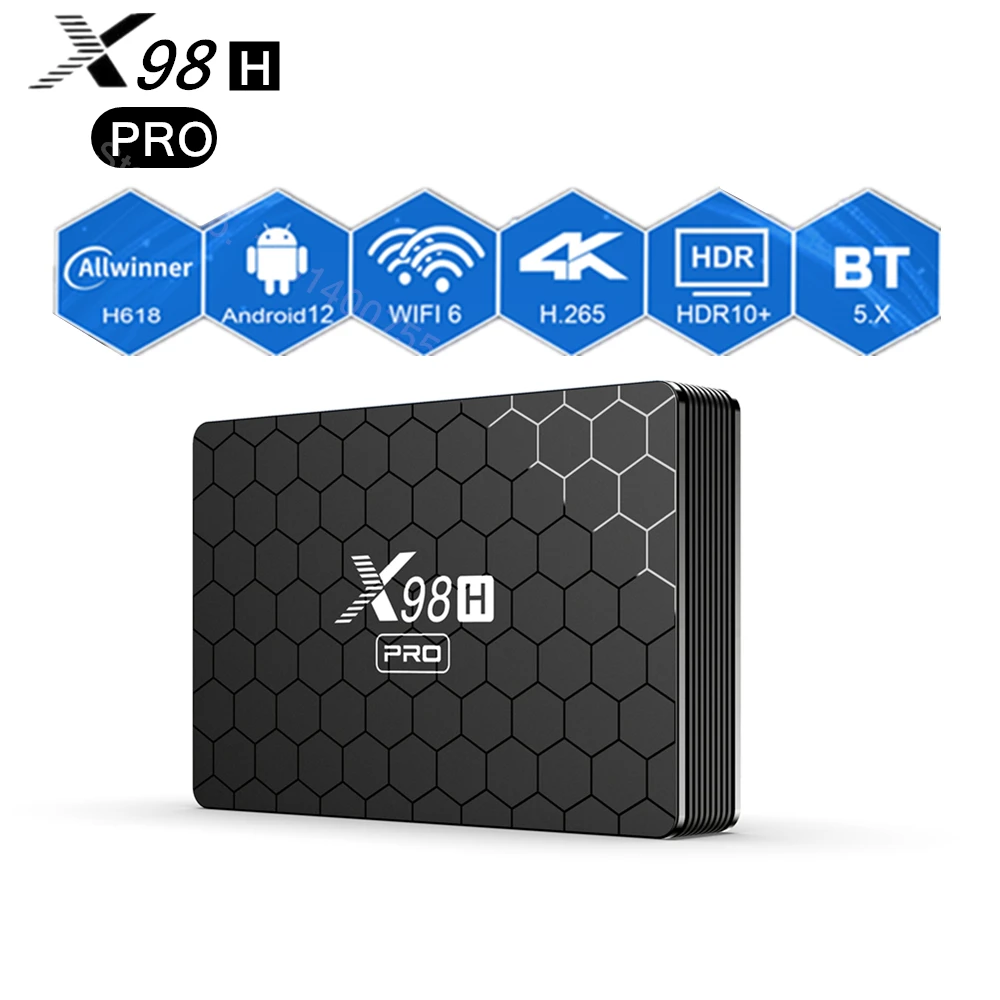 

X98H PRO Android 12 ТВ бокс Четырехъядерный процессор H618 4G 64 ГБ Телеприставки Wi-Fi 6 BT5.0 Умный стример ТВ бокс 4K H.265 HDR10+ Медиа плеер