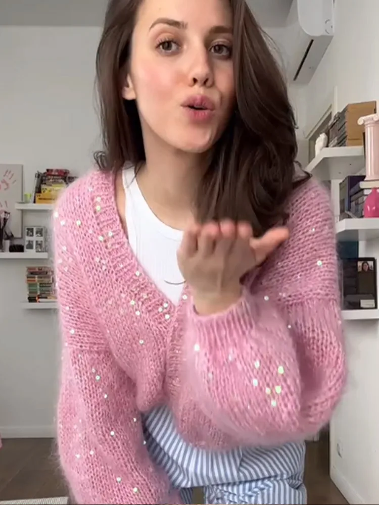 Женский Однотонный пуловер с V-образным вырезом и длинным рукавом