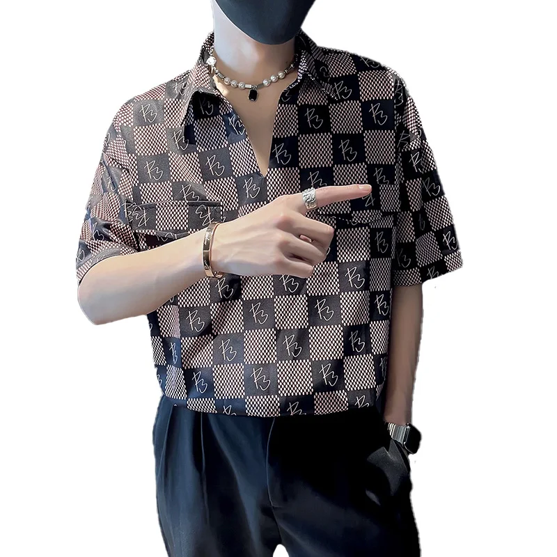 Brand Plaid Shirts Men 2022 Summer Half Sleeve Loose Casual Pullover Fashion V Neck Business Shirt Social Party Tuxedo Blouse