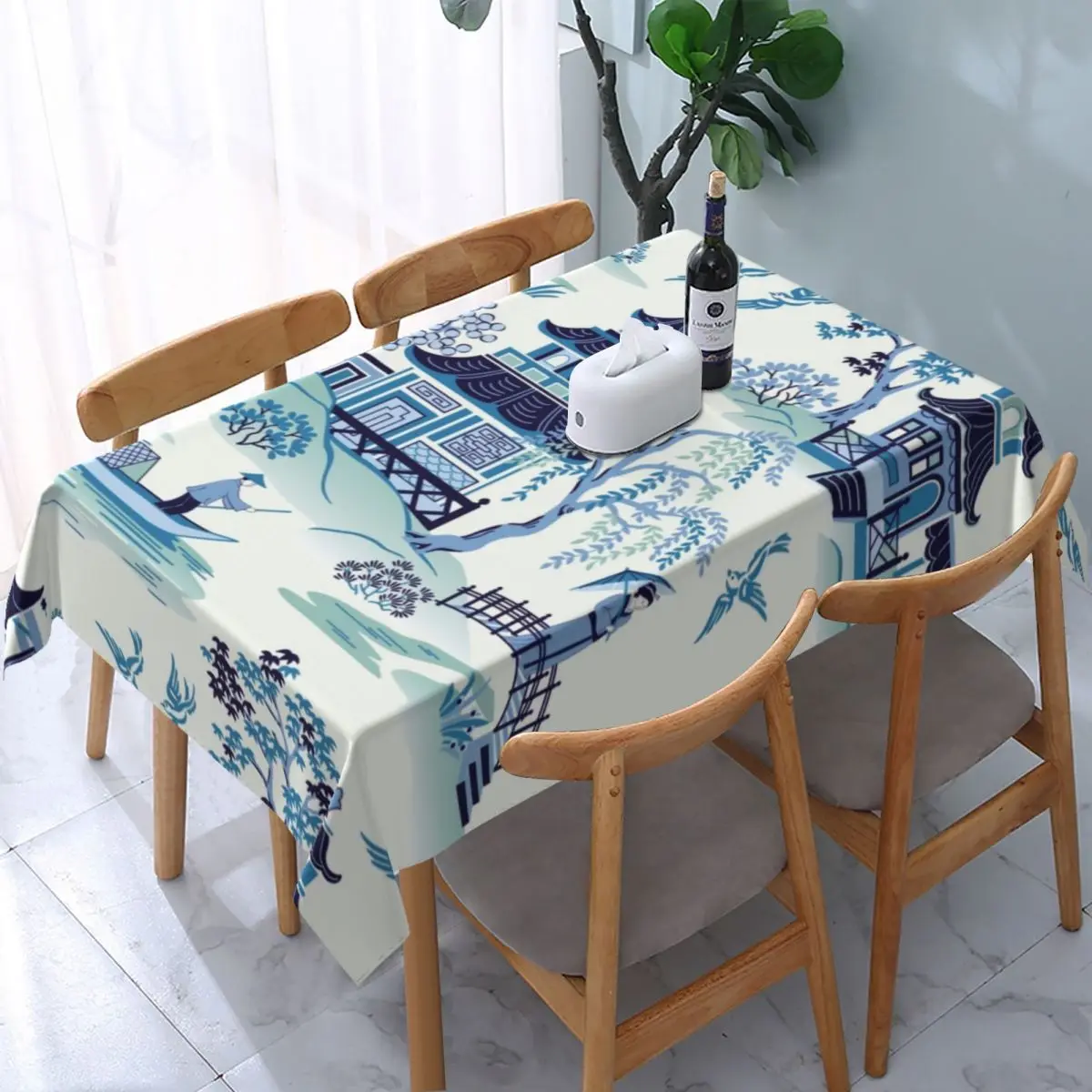 

Rectangular Fitted Chinoiserie Pagoda Blue Antique Willow Ware Table Cloth Waterproof Tablecloth Table Cover Backed with Edge
