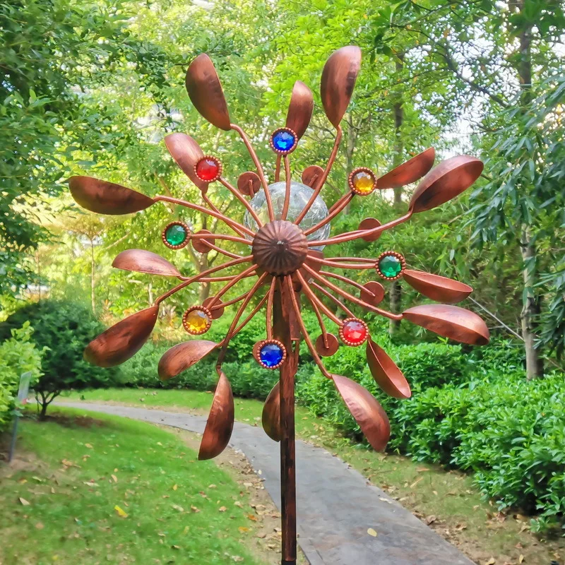 Garden Plug-In Sunflower Solar LED Lights Glass Ball Bronze Iron Double-Sided Rotating Ornaments Windmill Yard Outdoor Decor