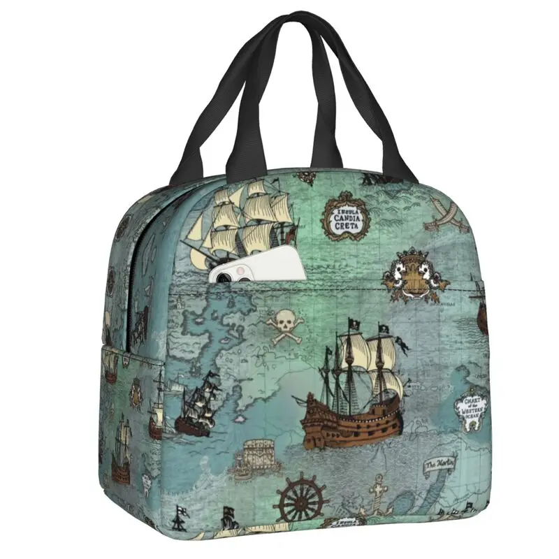 

Pirate Map Nautical Sea Thermal Insulated Lunch Bag Skull Sailor Resuable Lunch Container Camp Travel Multifunction Food Box